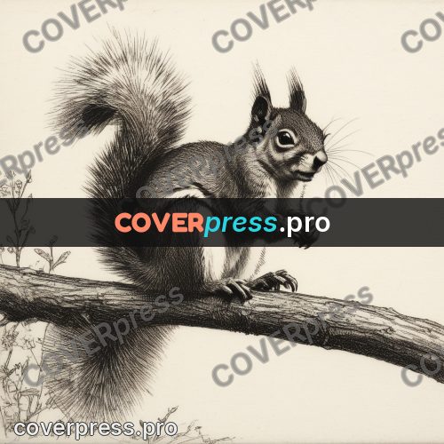 Engraving style drawing: squirrel on a branch