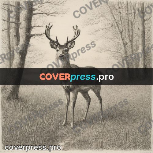 Engraving style drawing: deer by a forest stream