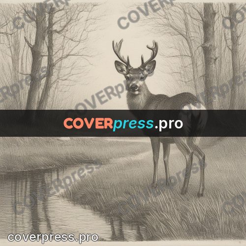 Engraving style drawing: deer by a forest stream