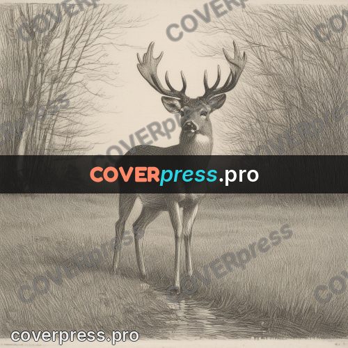 Engraving style drawing: deer by a forest stream