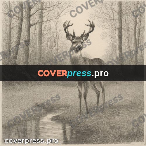 Engraving style drawing: deer by a forest stream