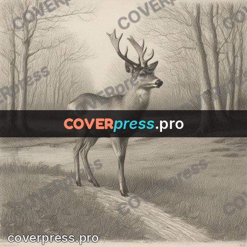 Engraving style drawing: deer by a forest stream