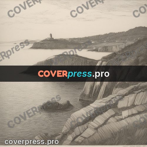 Engraving style drawing: rocky shore by the sea