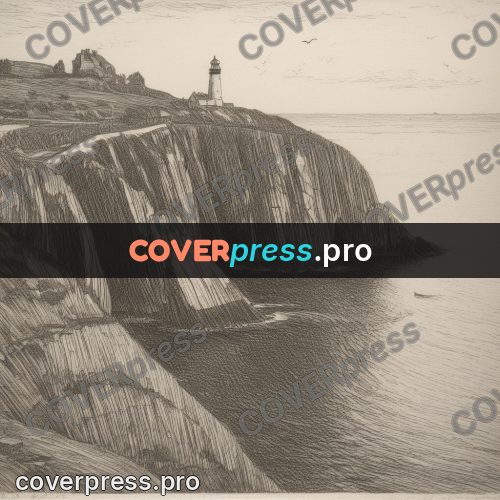 Engraving style drawing: rocky shore by the sea