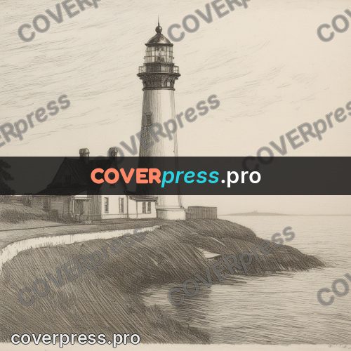 Engraving style drawing: lighthouse and house on a cape
