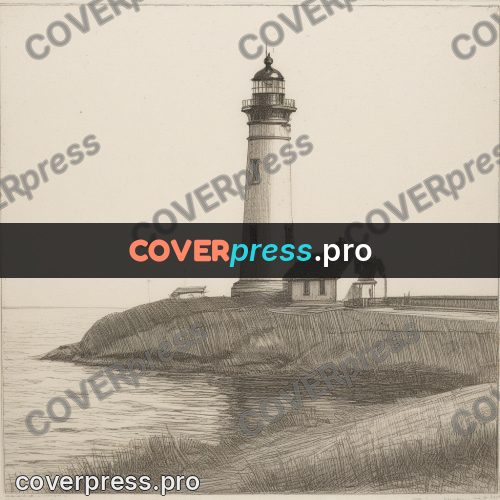 Engraving style drawing: lighthouse and house on a cape