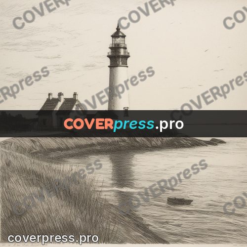 Engraving style drawing: lighthouse and house on a cape