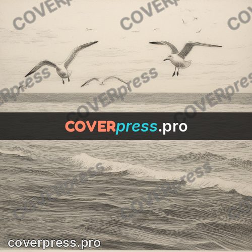 Engraving style drawing: gulls above the sea