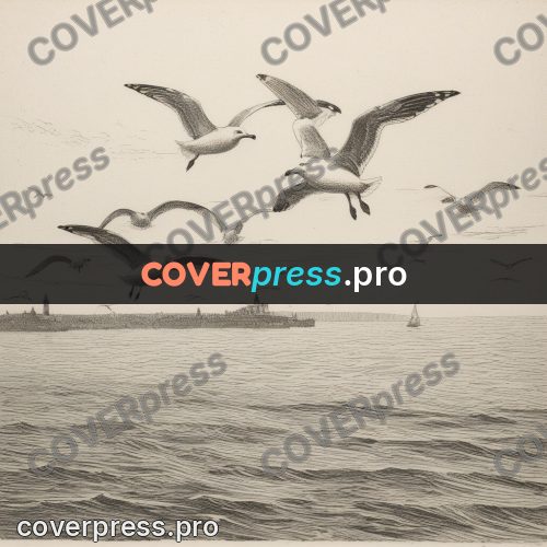 Engraving style drawing: gulls above the sea
