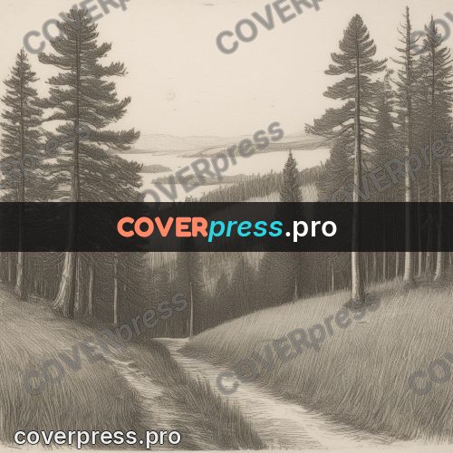 Engraving style drawing: pines by a forest road