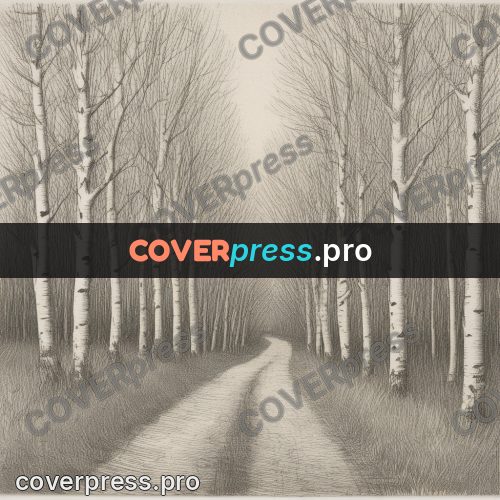 Engraving style drawing: road through a birch grove