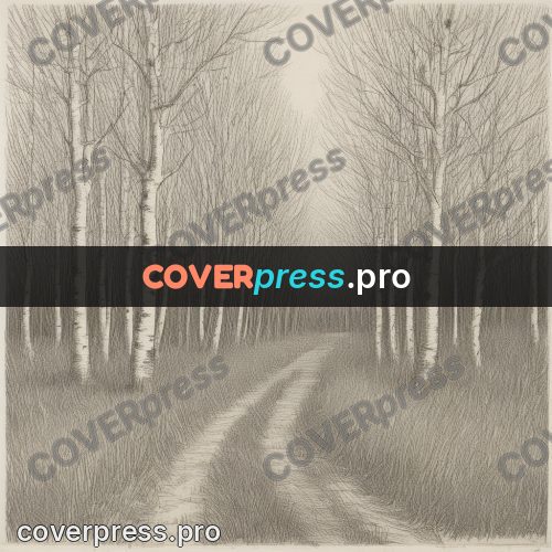 Engraving style drawing: road through a birch grove