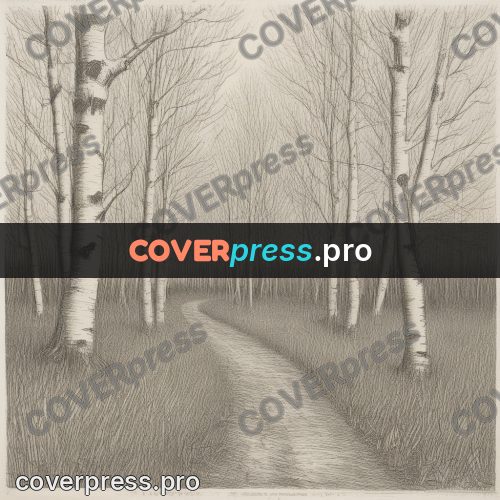 Engraving style drawing: road through a birch grove