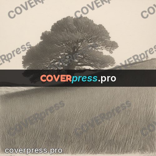 Engraving style drawing: oak on a hillside