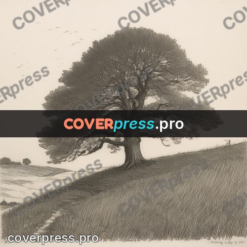 Engraving style drawing: oak on a hillside