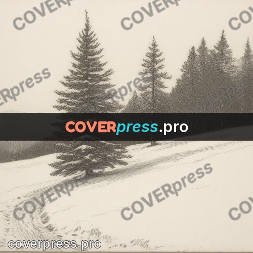 Engraving style drawing: fir on a snowy slope