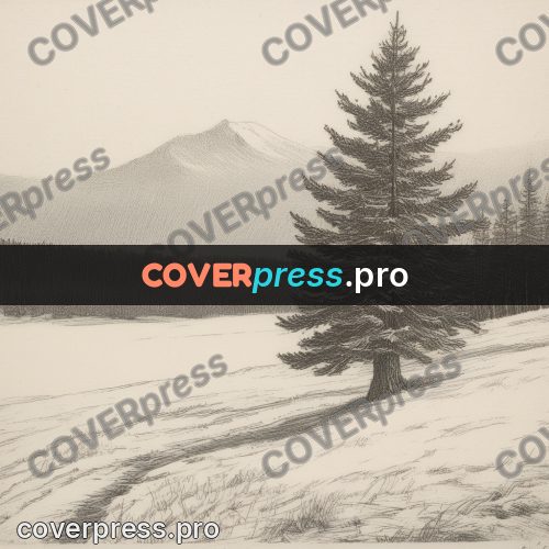 Engraving style drawing: fir on a snowy slope