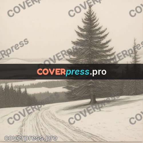 Engraving style drawing: fir on a snowy slope