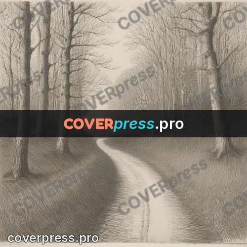 Engraving style drawing: road in a bare forest