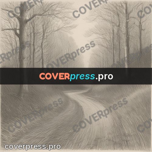 Engraving style drawing: road in a bare forest