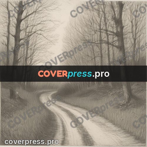 Engraving style drawing: road in a bare forest