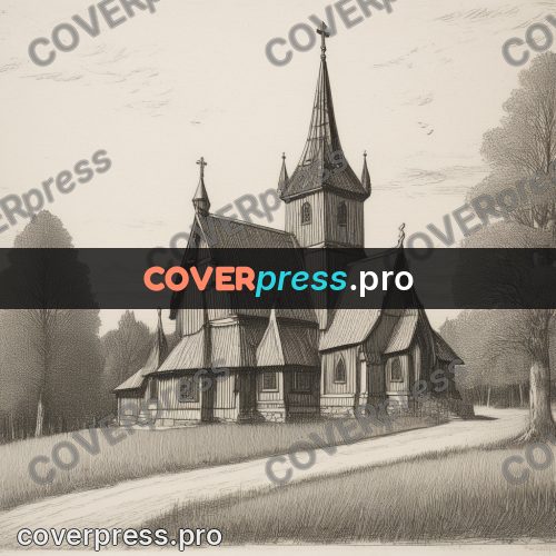 Engraving style drawing: wooden church with spires