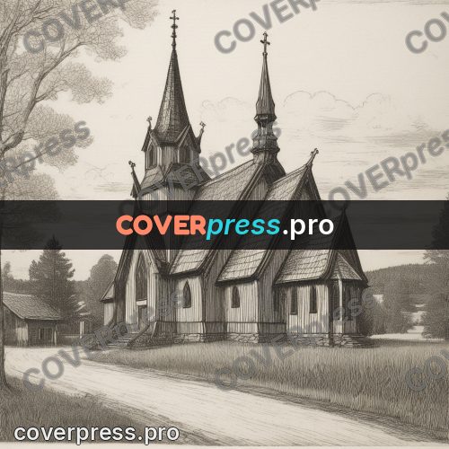 Engraving style drawing: wooden church with spires