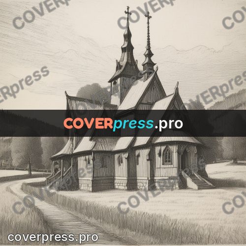 Engraving style drawing: wooden church with spires