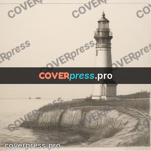 Engraving style drawing: lighthouse tower on rocks