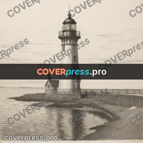 Engraving style drawing: lighthouse tower on rocks