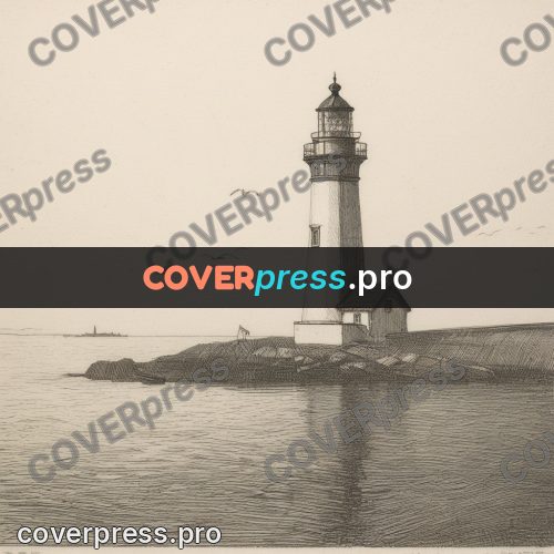 Engraving style drawing: lighthouse tower on rocks