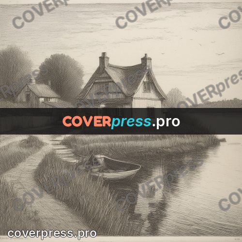 Engraving style drawing: house by the water with reeds