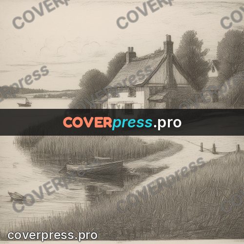 Engraving style drawing: house by the water with reeds