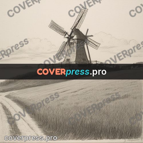 Engraving style drawing: windmill above a field