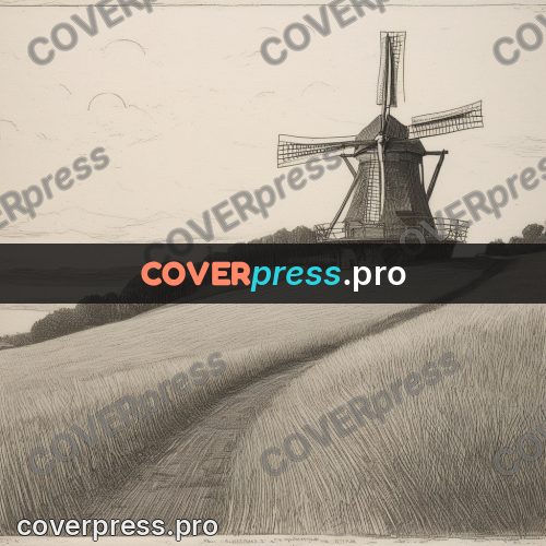 Engraving style drawing: windmill above a field