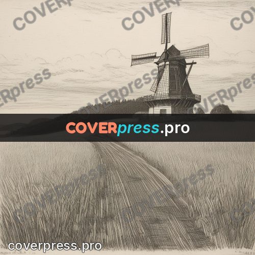 Engraving style drawing: windmill above a field