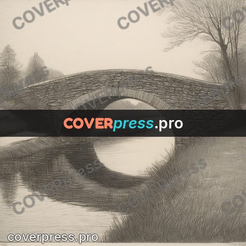 Engraving style drawing: stone bridge over a river