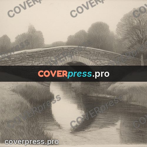 Engraving style drawing: stone bridge over a river