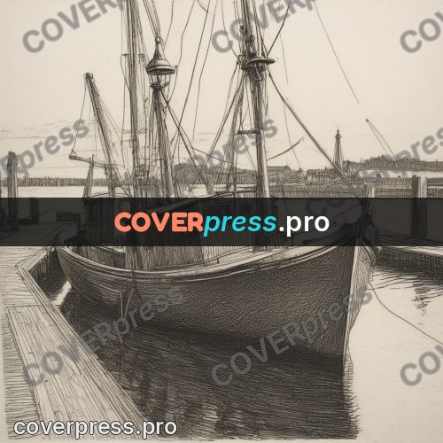 Engraving style drawing: fishing boat at a pier