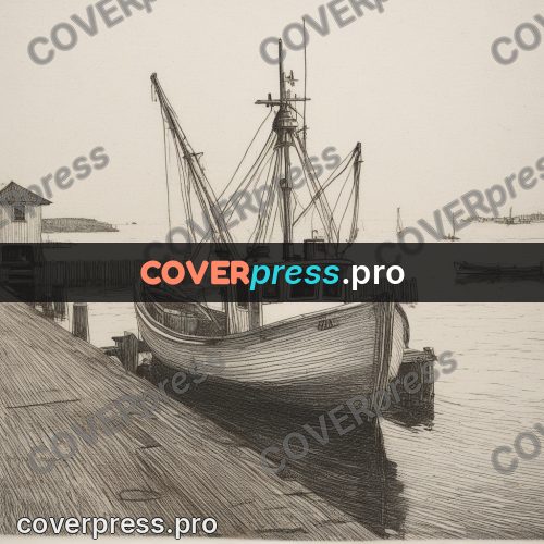 Engraving style drawing: fishing boat at a pier