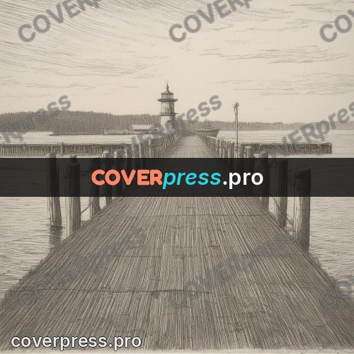 Engraving style drawing: wooden pier running into water