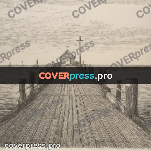 Engraving style drawing: wooden pier running into water