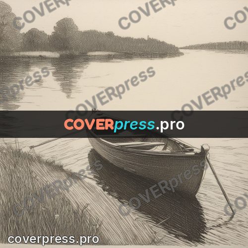 Engraving style drawing: rowing boat at the bank