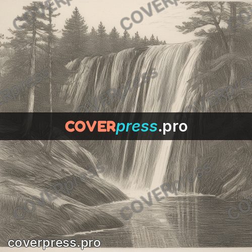 Engraving style drawing: waterfall in the forest