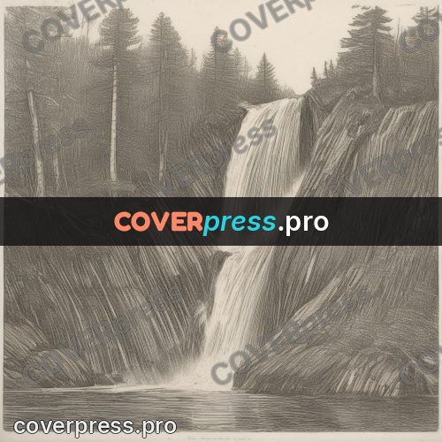Engraving style drawing: waterfall in the forest