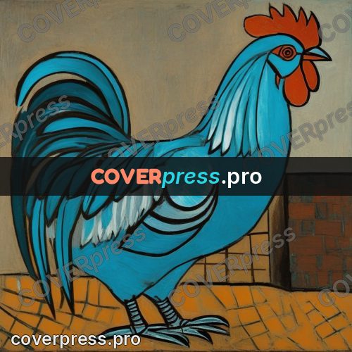 Picasso style drawing: rooster with a full tail