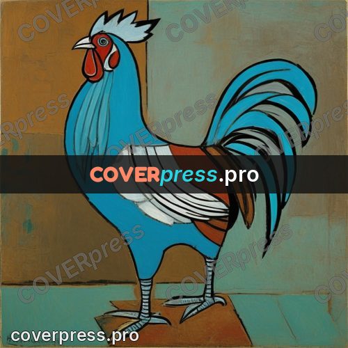 Picasso style drawing: rooster with a full tail