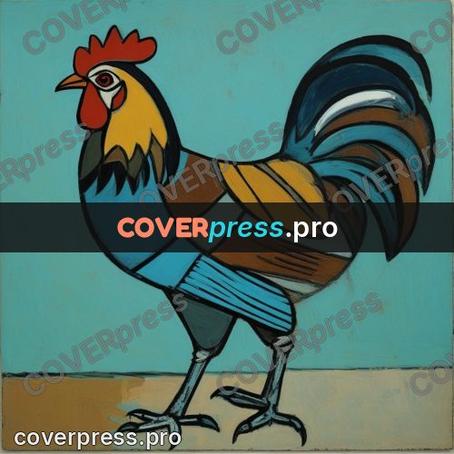 Picasso style drawing: rooster with a full tail