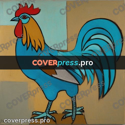 Picasso style drawing: rooster with a full tail