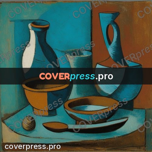 Picasso style drawing: bowl and jug on a table